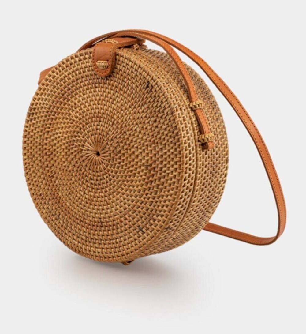 Mavis Round Rattan Crossbody Bag Boho Brown Tan Faux Leather Strap Summer Snap
